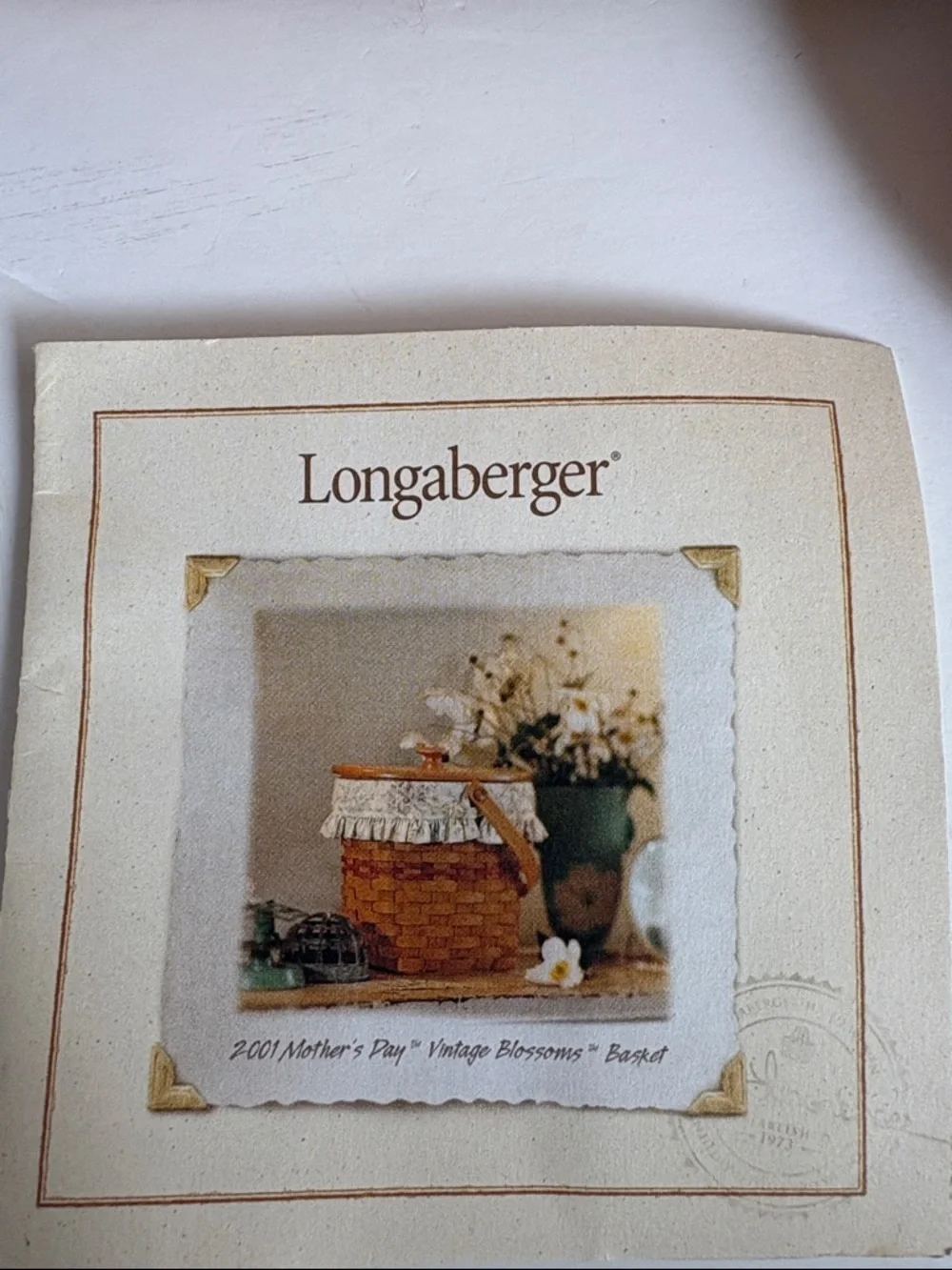 Longaberger 2001 Mother’s Day Vintage Blossoms Basket w plastic and floral liner